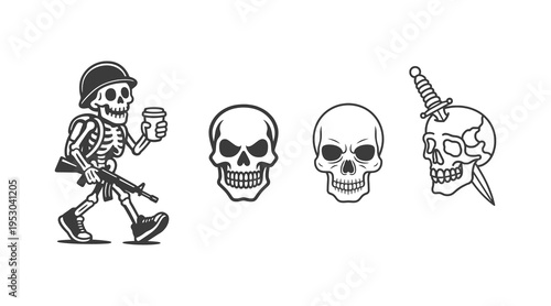 A skeleton character and three skulls in various menacing poses conveying a spooky and eerie atmosphere with a sense of danger and playfulness