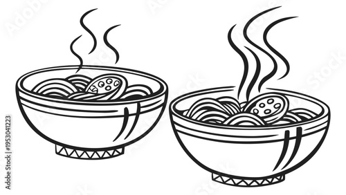 Two bowls of hot noodle soup, black and white illustration