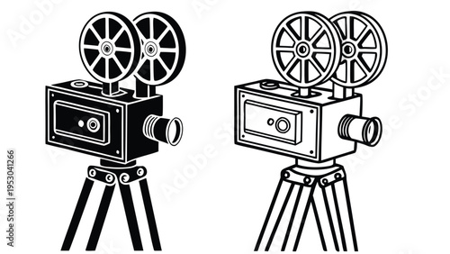 Vintage movie film camera illustrations on tripods for cinema production motion pictures and retro media art