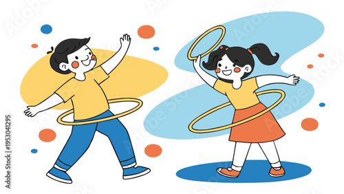 Happy children playing with hula hoops in bright colorful flat vector illustration style for kids lifestyle