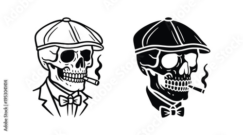 Two smoking skulls wearing bowler hats and suits