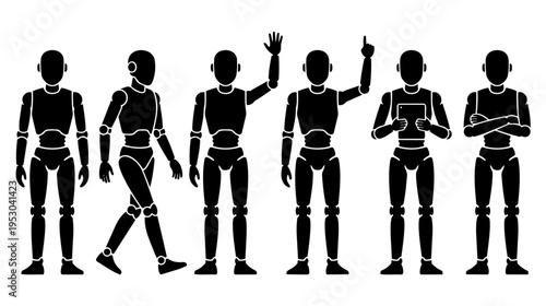 Set of 6 Humanoid Robot Silhouettes in Different Poses Isolated on White Vector Pack