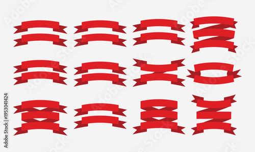 Red Ribbon Banner Set Vector Illustration with Retro Curved Decorative Elements for Celebration