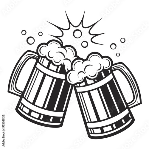 Black and white wooden beer mugs clinking with foam and celebration sparkle