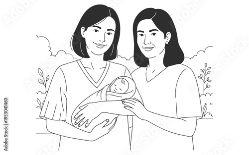 Two women holding a baby together with love and care in a serene environment