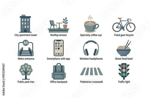 City apartment tower, rooftop terrace, specialty coffee cup, fixed gear bicycle, metro entrance, smartphone with app, wireless