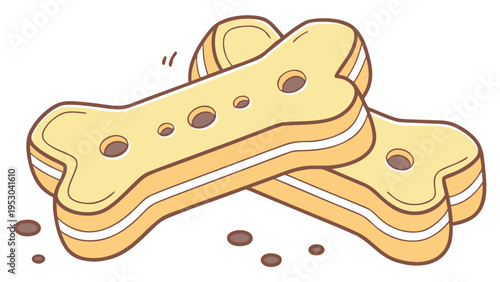 Two bone-shaped dog biscuits with crumbs with pet food