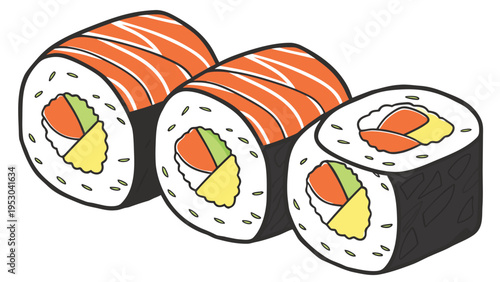 Three delicious sushi rolls with salmon and avocado, japanese cuisine