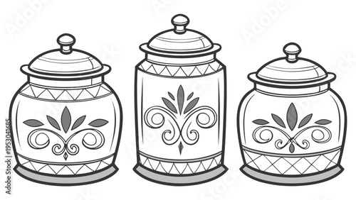 Set of three decorative kitchen canisters with floral patterns and lids vector outline illustration art