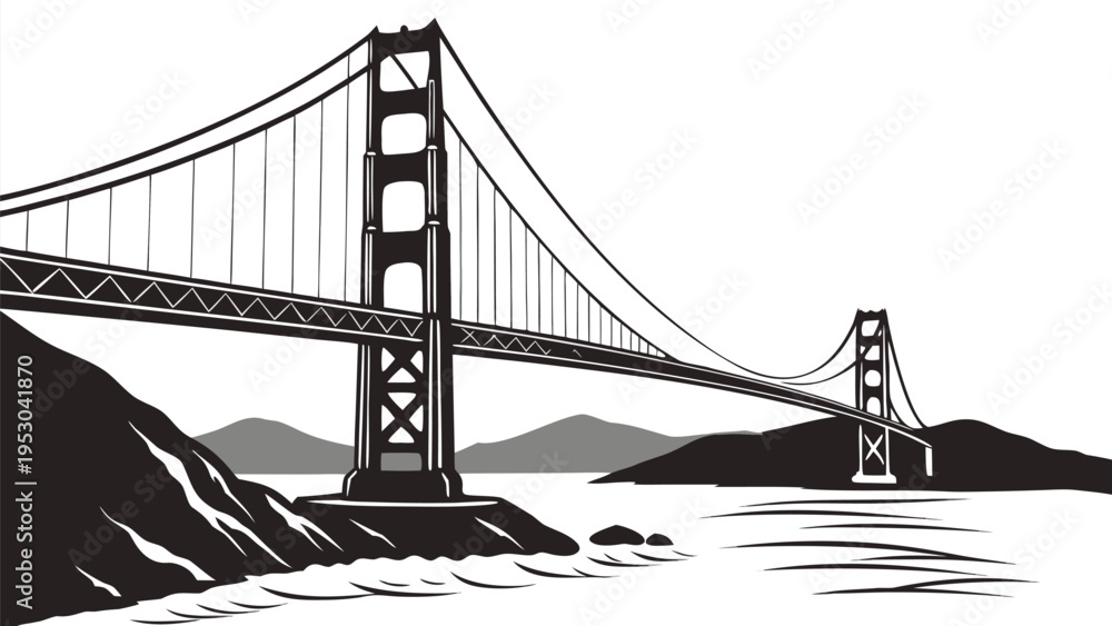 Fototapeta premium Iconic golden gate bridge with hills and water in a stylized black and white illustration