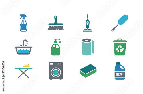 Collection of cleaning supplies and tools icons for household chores and hygiene