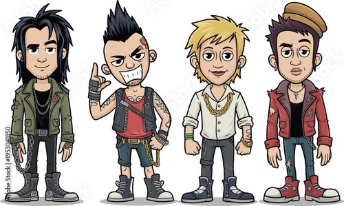 Cartoon punk young men character set with different hairstyles outfits rebellious street fashion edgy male figures vector illustration collection pack