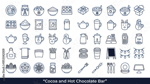 Collection of cocoa and hot chocolate bar icons for winter holidays and celebrations