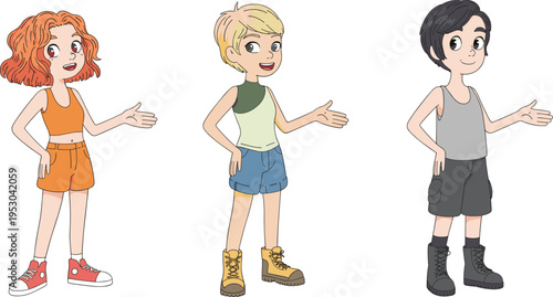 Cartoon teenage girls character set with different hairstyles outfits presenting gesture smiling young female figures casual fashion vector illustration collection pack