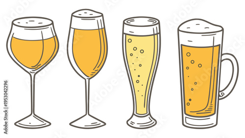 Collection of four different beer glasses filled with golden lager in minimal outline vector style