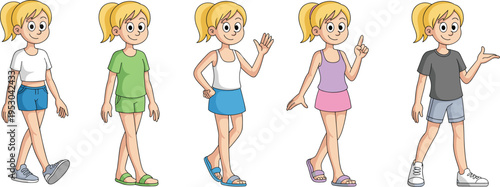 Cartoon blonde girl character set with different poses gestures walking standing waving pointing casual outfits cute kid vector illustration collection pack