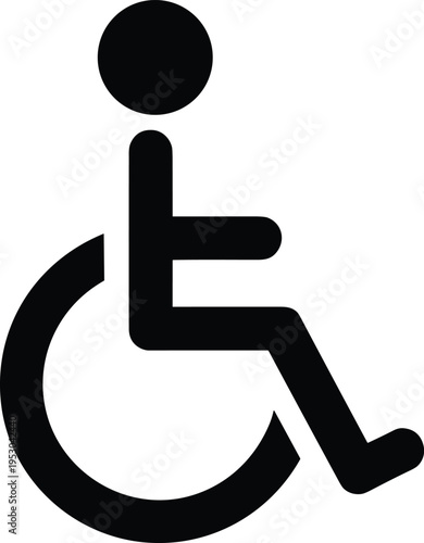 Black handicap wheelchair symbol icon, disability access sign for disabled people, international medical accessibility vector illustration, isolated on white background