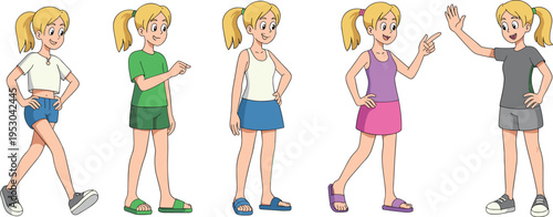 Cartoon blonde girl character set with different poses outfits gestures smiling standing pointing waving casual summer clothing isolated vector illustration collection pack