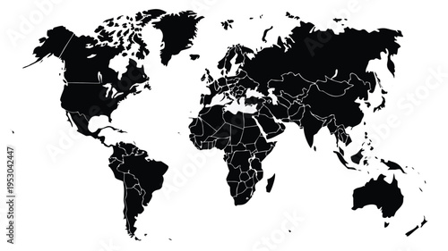 Black and white political world map with country borders vector illustration