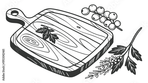 Wooden cutting board with herbs and berries - food preparation