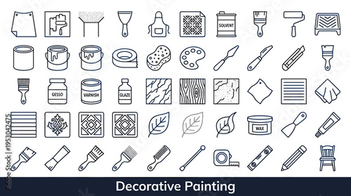 Collection of decorative painting tools and materials icons for design projects