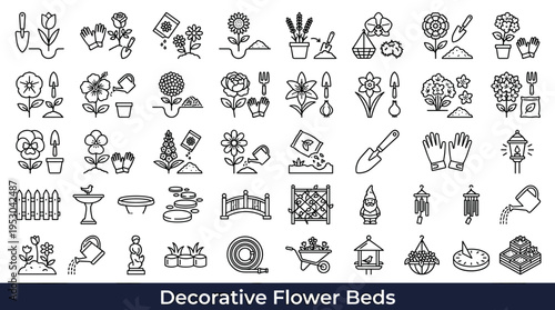 Collection of garden icons for planting flowers, tools, and decorative elements