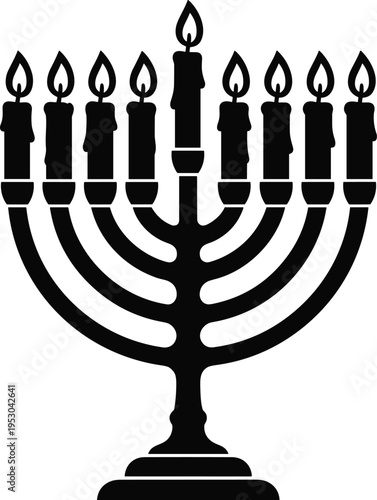 Black Hanukkah menorah icon with burning candles, Jewish holiday celebration vector illustration, religious Hanukkiah symbol, spiritual festival element, silhouette.