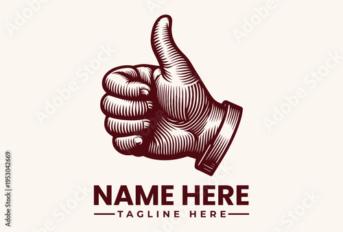 A red vector illustration of a thumbs-up hand with a sleeve and customizable text fields for a name and tagline on a beige background.