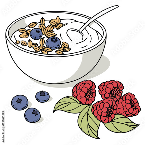 Vector illustration of yogurt bowl with berries and granola