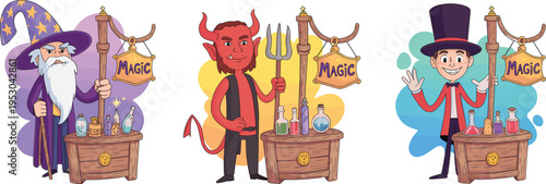 Cartoon fantasy characters wizard devil and magician selling magic potions at market stalls colorful cute figures vector illustration set