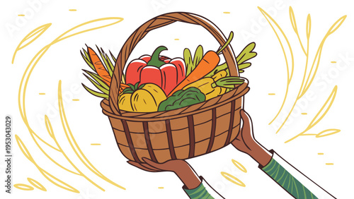 Hands holding a wicker basket full of fresh organic vegetables including pepper and carrot illustration