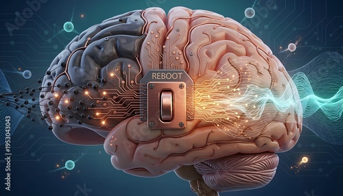 Human brain with reboot button glowing.
