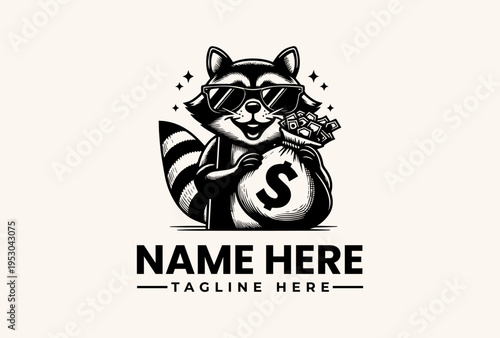 A black and white illustration of a raccoon wearing sunglasses, holding a money bag with a dollar sign, surrounded by stars on a plain background, featuring a logo and tagline space.