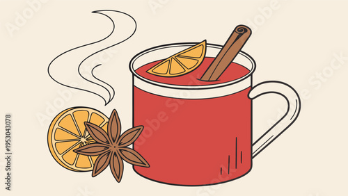 Vector illustration of mulled wine with orange and spices with star anise