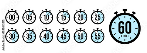 0, 5, 10, 15, 20, 25, 30, 35, 40, 45, 50, 55, 60 minutes. Set of Stopwatch Timer Icons for Time Management and Countdown UI. Flat Vector Illustration of 0 to 60 Minutes Chronometer Symbols. 60 Minutes