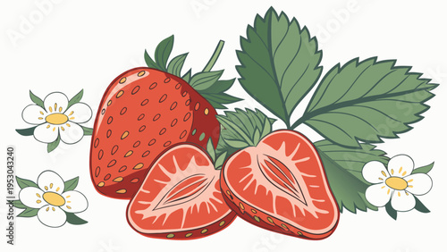 Whole and halved strawberries with green leaves and white flowers