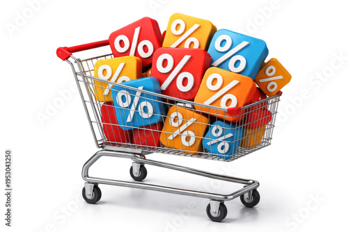 Einkaufswagen gefüllt mit bunten Prozentzeichen in einem unscharfen Supermarkt-Hintergrund. Symbolisiert Rabatte, Sonderangebote und preisbewusstes Einkaufen im Einzelhandel.