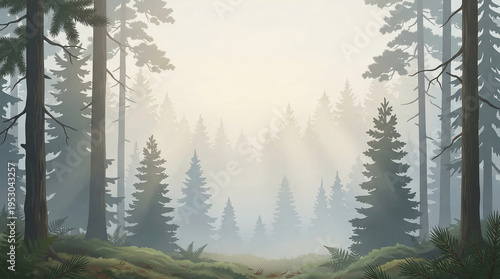 Misty evergreen forest background with soft morning light