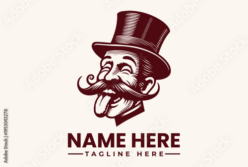 A maroon vector illustration of a smiling man with a handlebar mustache wearing a top hat and a collared shirt on a beige background with space for a logo and tagline.