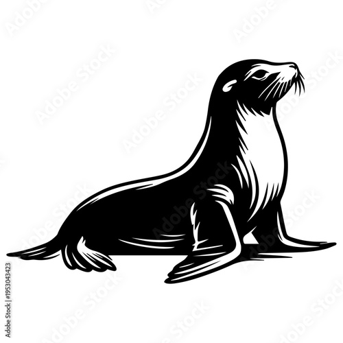 Sea lion resting in profile with raised head, smooth body and whiskers, simple marine animal silhouette. Perfect for ocean logos, aquarium and zoo themes, wildlife posters, kids designs, stickers.