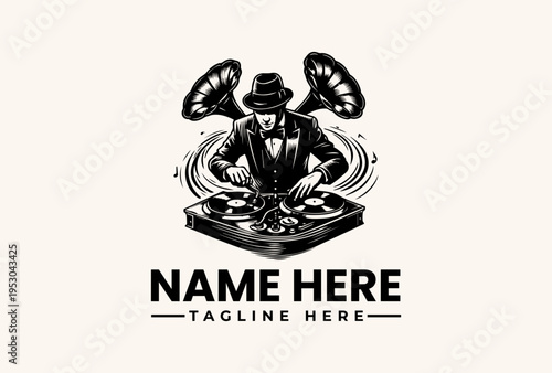 A black and white vector illustration of a suited man DJing with turntables and vinyl records, wearing a hat, against a clean background with space for a logo and tagline.