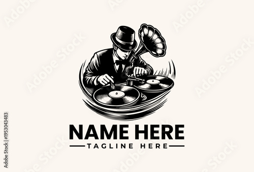 Black and white illustration of a man in a bowler hat DJing with vinyl records and a gramophone, logo design with placeholder text on a clean background.
