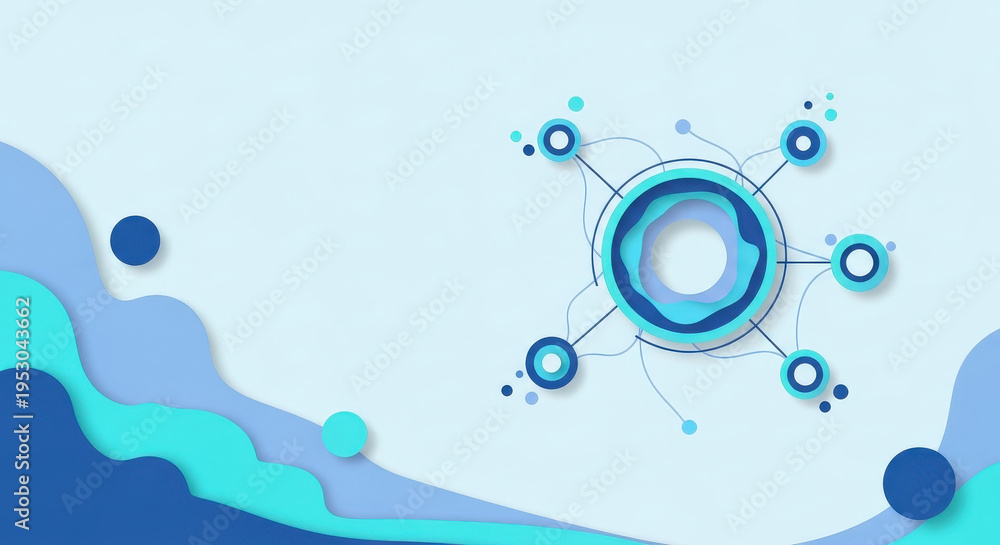 Obraz premium Academic environment concept, minimal conceptual illustration with a central circular knowledge hub connected to several smaller