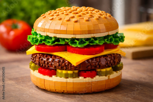 Detailreiche Nahaufnahme eines realistisch gestalteten Burgers aus bunten Klemmbausteinen auf Holzuntergrund. Das kreative Food-Design zeigt Salat, Tomaten, Käse und Patty in lebendigen Farben und eig
