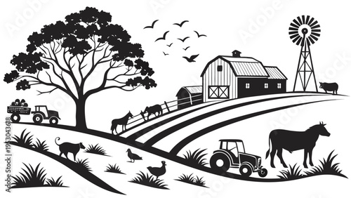 Rural farm landscape silhouette vector illustration with barn and animals