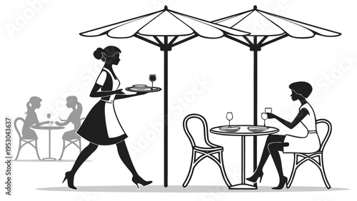 Waitress serving drinks at outdoor cafe with umbrellas and seated guests with food service