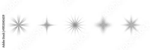 Star and sparkle figures with dotwork stipple effect.Halftone star shapes with grainy noise texture and soft shading.Monochrome stipple grain star set for prints,branding,packaging and patterns.