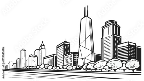 Modern city skyline with skyscrapers and trees urban landscape illustration