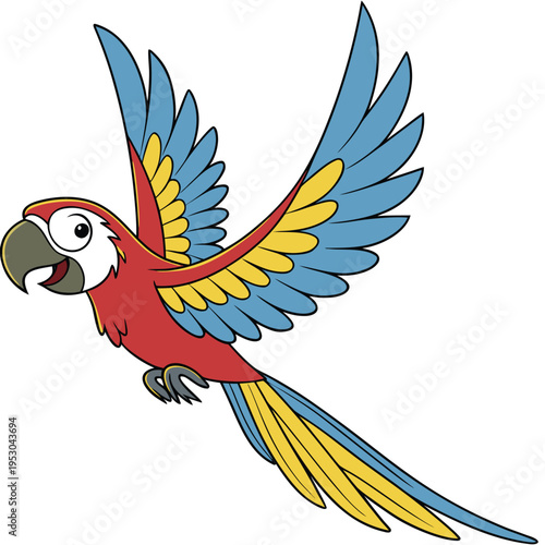 Cute cartoon macaw parrot flying vector illustration with open wings