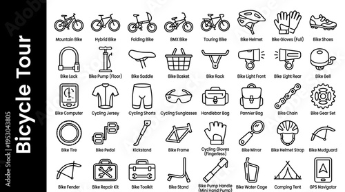 Collection of Bicycle Tour Icons and Equipment for Cycling Adventures